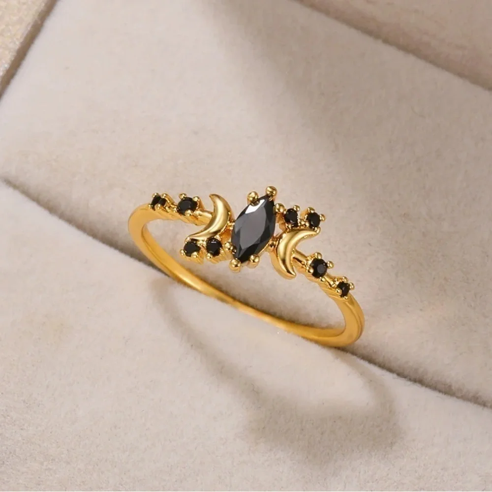 2CT Marquise Cut Black Diamond Triple Moon 14K Gold Ring